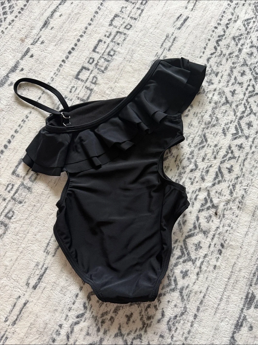 SHEIN Black Kids One-Shoulder Ruffle One-Piece Swimsuit